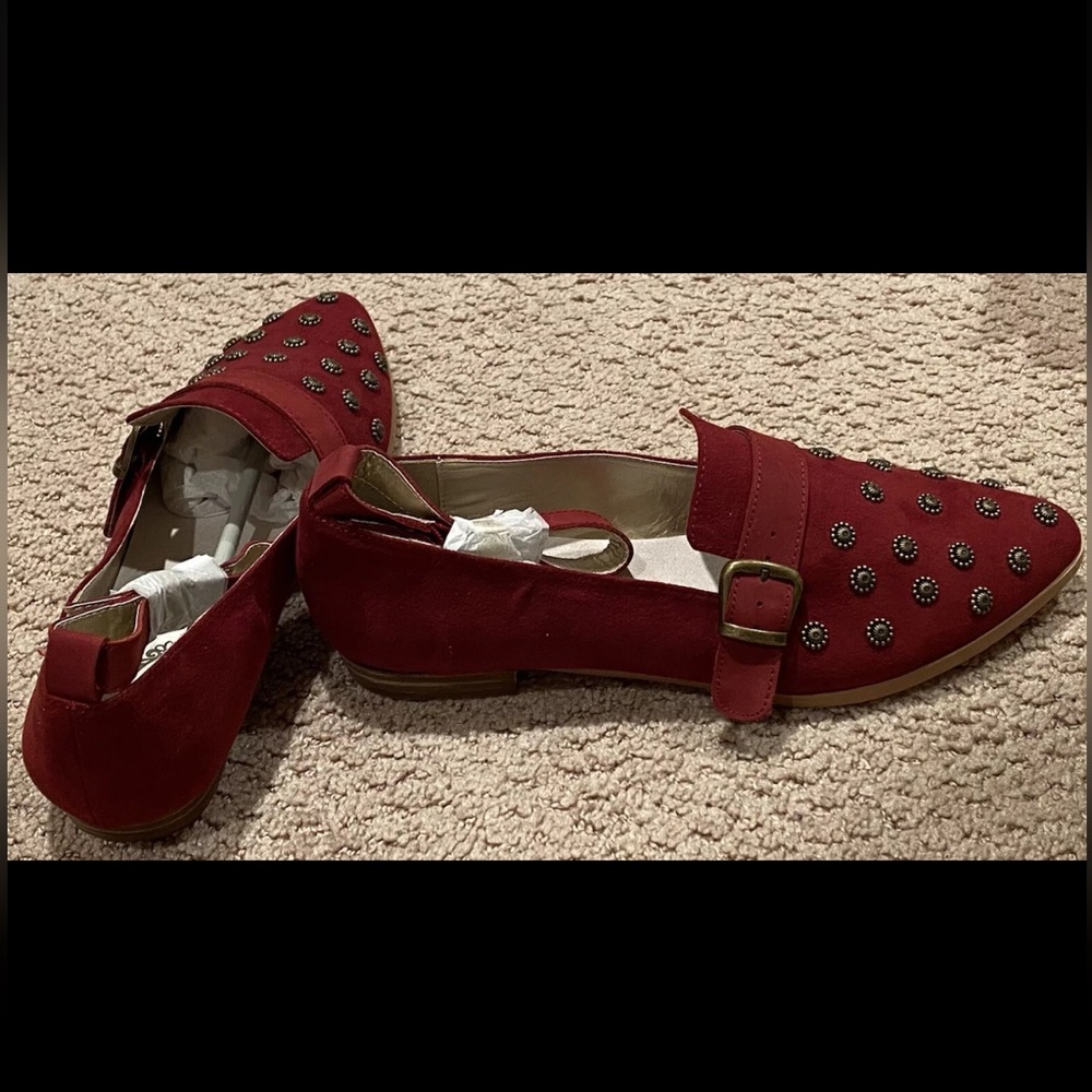 Joyfolie Leather Suede Embellished Burgundy Harlow Flat Loafers Ankle Strap - Picture 2 of 3